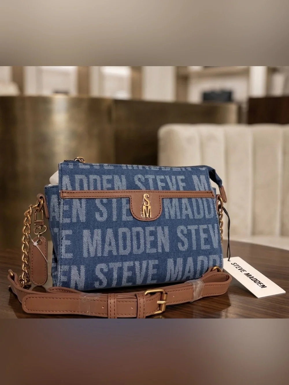 Steve Madden Denim Logo Crossbody with Tan Trim